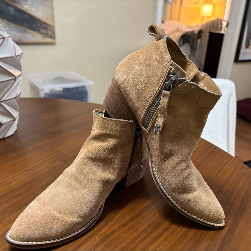 Tan bootie with 2 inch block heel